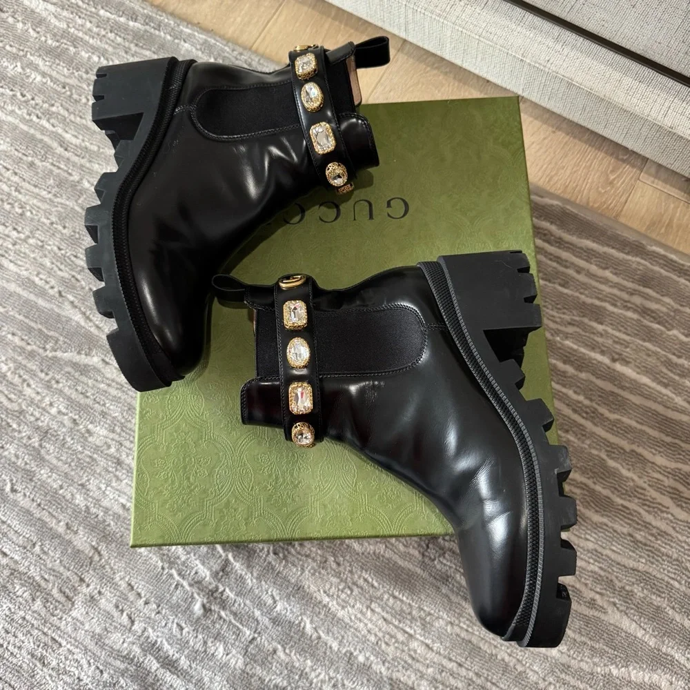 LIKE NEW Gucci Trip Embellished Block Heel Chelsea Boots, Size 38 - Picture 10 of 13